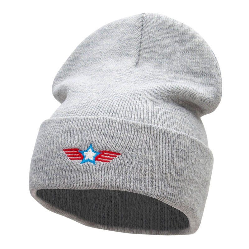 Winged Star Embroidered 12 Inch Long Knitted Beanie Heather Grey One Size