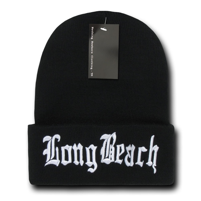 Long Beach City Beanie Knit Cap, Black/White Black/White