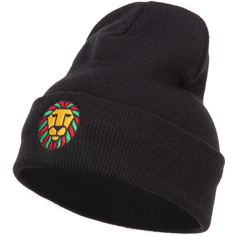 Rasta Lion Face Embroidered Long Beanie Black One Size