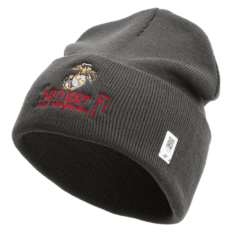 United States Marines Semper Fi Emblem Logo Embroidered 12 Inch Solid Knit Cuff Long Beanie Made in USA Charcoal One Size