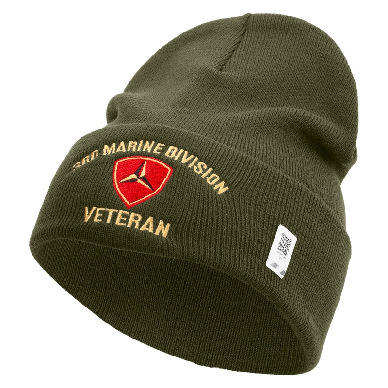 3rd Marine Division Veteran Logo Embroidered 12 Inch Solid Knit Cuff Long Beanie Made in USA Olive One Size