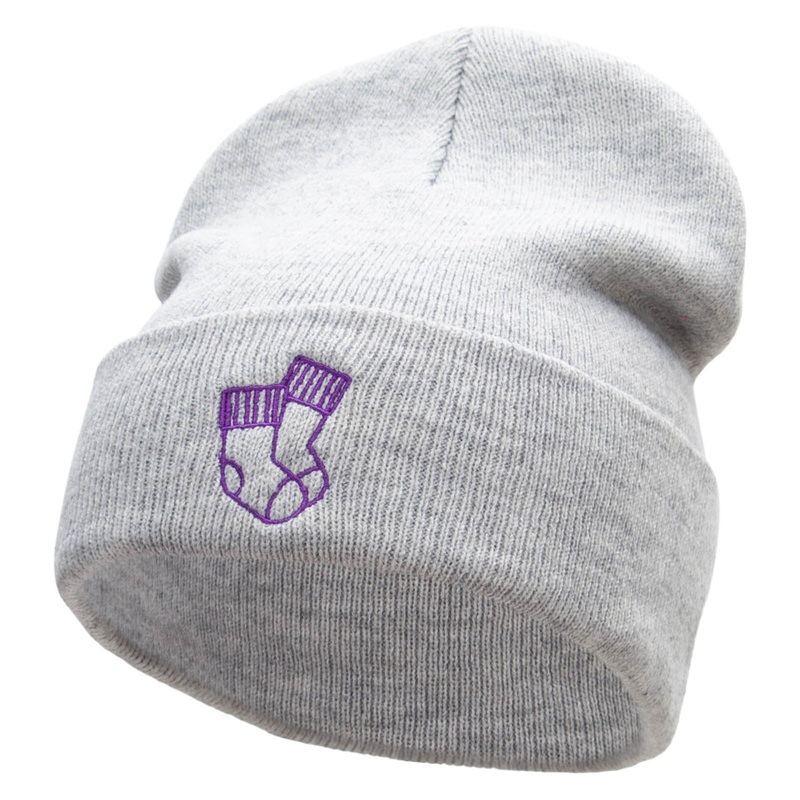 Cozy Socks Embroidered 12 Inch Long Knitted Beanie Heather Grey One Size