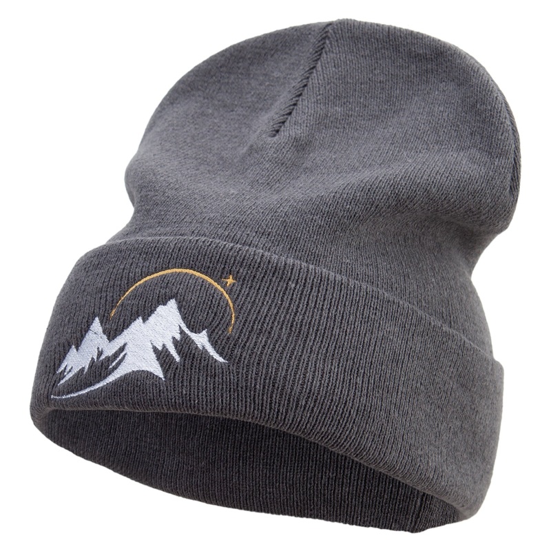 Mountain Skyline Embroidered Big Size Superior Cotton Long Knitting Beanie Grey XL-3XL