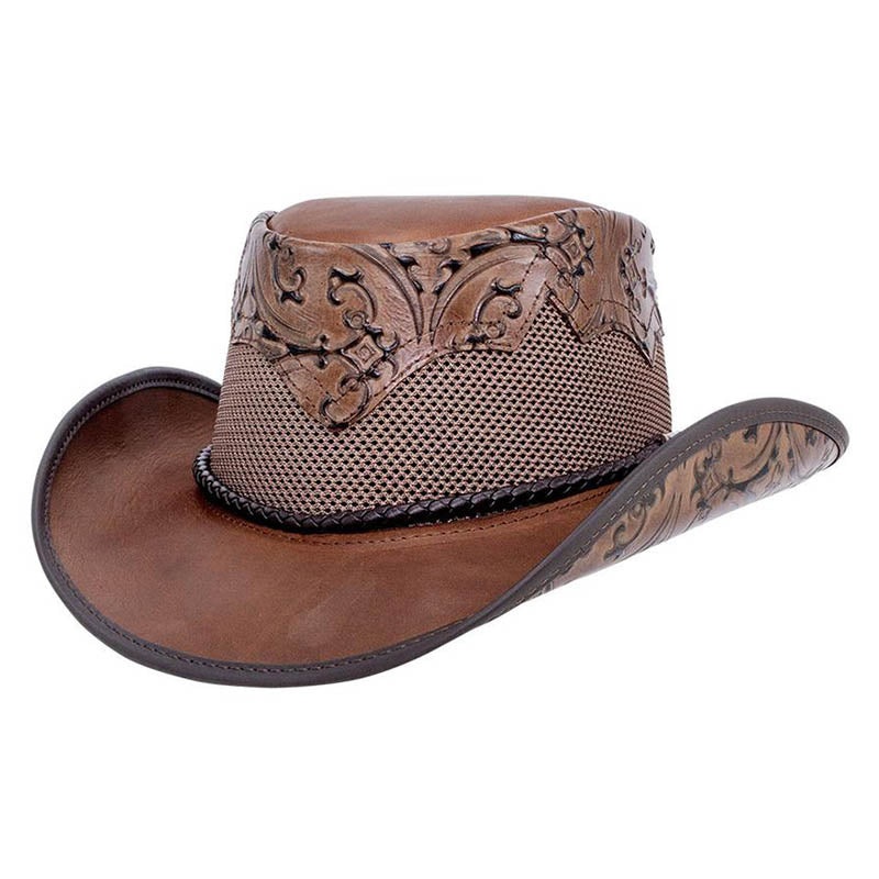 Sierra Leather Cowboy Hat with Etched Crown up to 3XL – Double G Hat Brown S (54-55 cm)