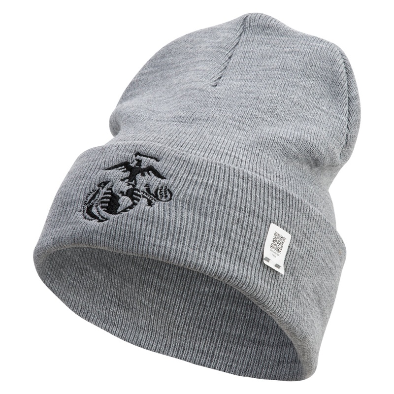 US Marine Corps Seal Logo Embroidered 12 Inch Solid Knit Cuff Long Beanie Made in USA Dk Ash One Size