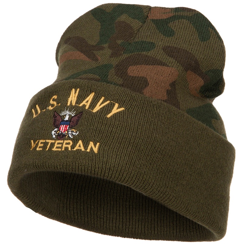 US Navy Veteran Military Embroidered Camo Knit Long Beanie Green One Size