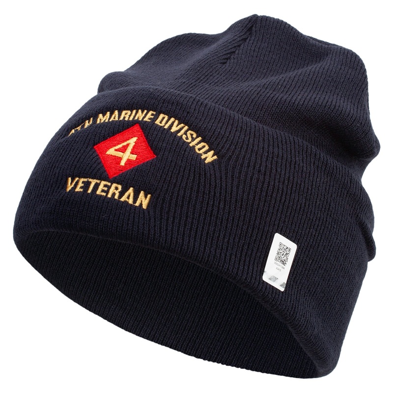 4th Marine Division Veteran Logo Embroidered 12 Inch Solid Knit Cuff Long Beanie Made in USA Navy One Size