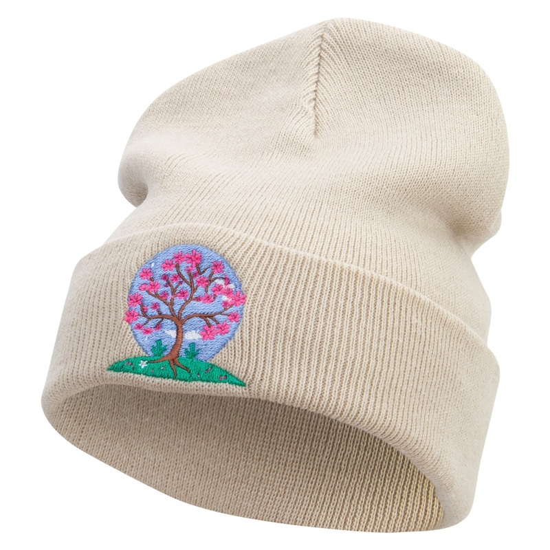 Cherry Blossom Tree Embroidered 12 Inch Long Knitted Beanie Birch One Size