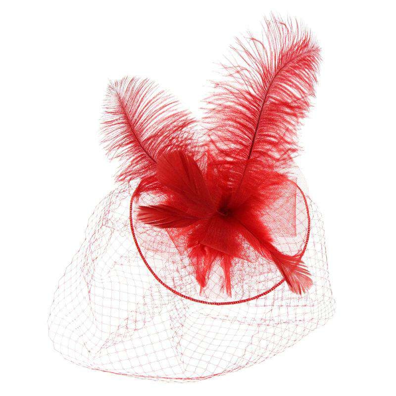 Large Feather Veil Fascinator Red