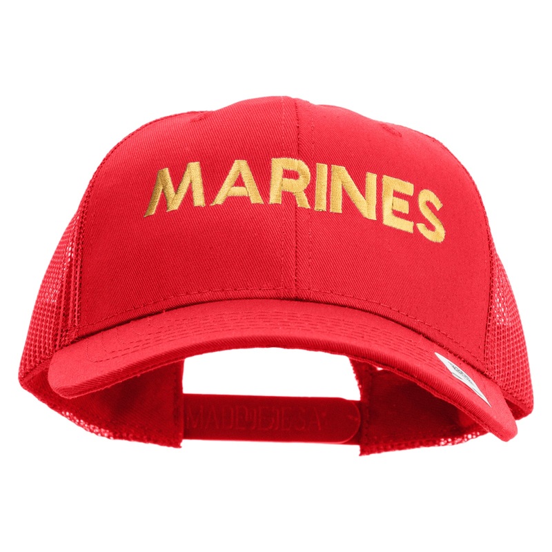 Marines Letter Embroidered 6 Panel Structured Cotton Twill Mesh Cap Made in USA Red One Size