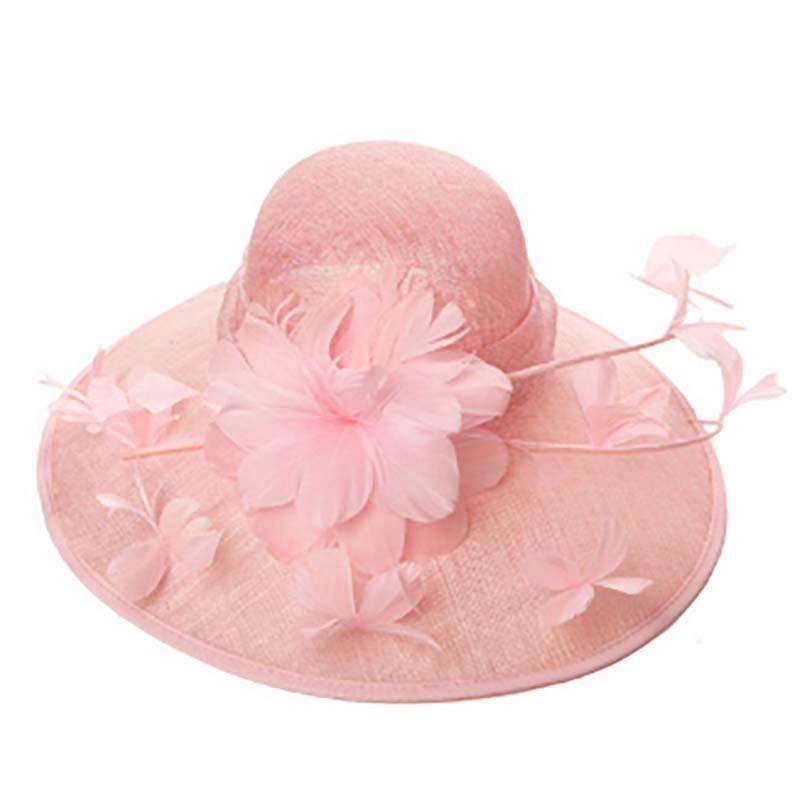 Sinamay Dress Hat with Quill and Butterfly Feathers and Flowers Pink