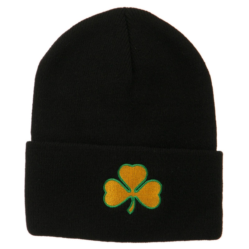 St.Patrick’s Day Clover Embroidered Long Beanie Black One Size