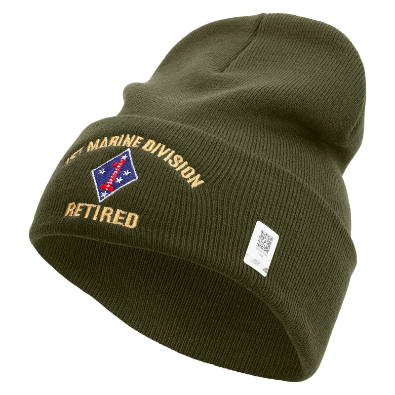 1st Marine Division Retired Logo Embroidered 12 Inch Solid Knit Cuff Long Beanie Made in USA Olive One Size