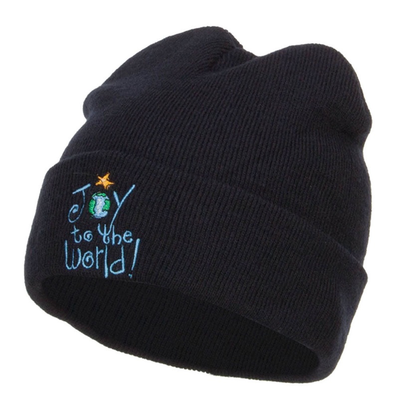 Joy to the World Embroidered Long Beanie Navy One Size