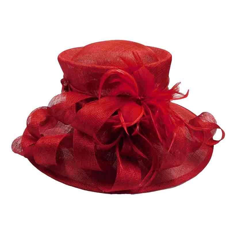 Red Sinamay Dress Hat with Feather Flower Red