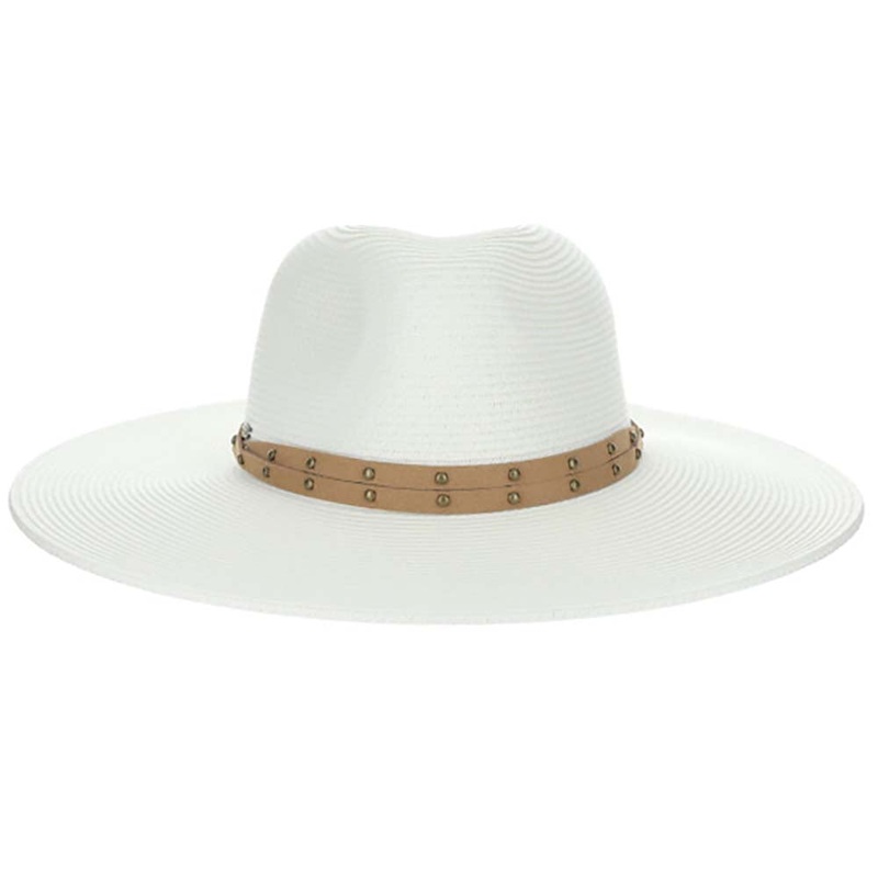 Studded Band Wide Brim Safari Hat  – Scala Hats White Medium (57 cm)