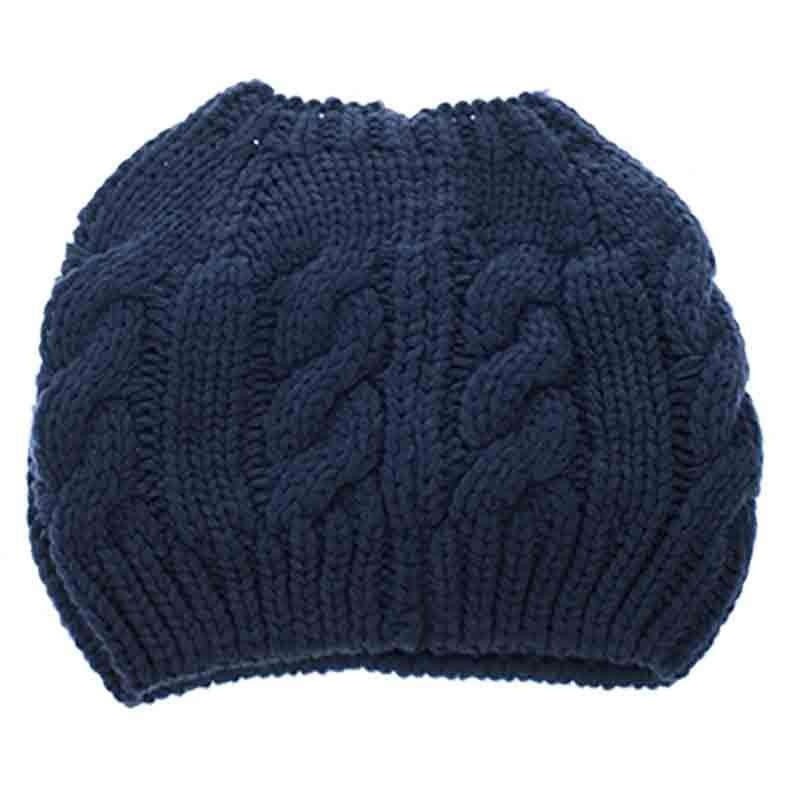 Cable Knit Messy Bun Beanie – DNMC Navy M/L (58 cm)
