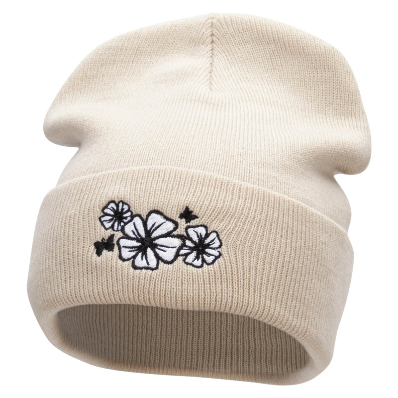 Hibiscuses Embroidered 12 Inch Long Knitted Beanie Birch One Size