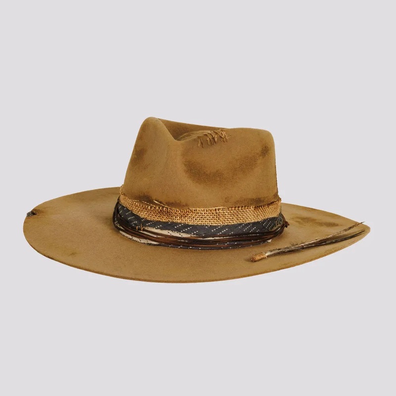 Six Shooter | Mens Distressed Wool Felt Pinch Front Fedora Hat Mocha S/M