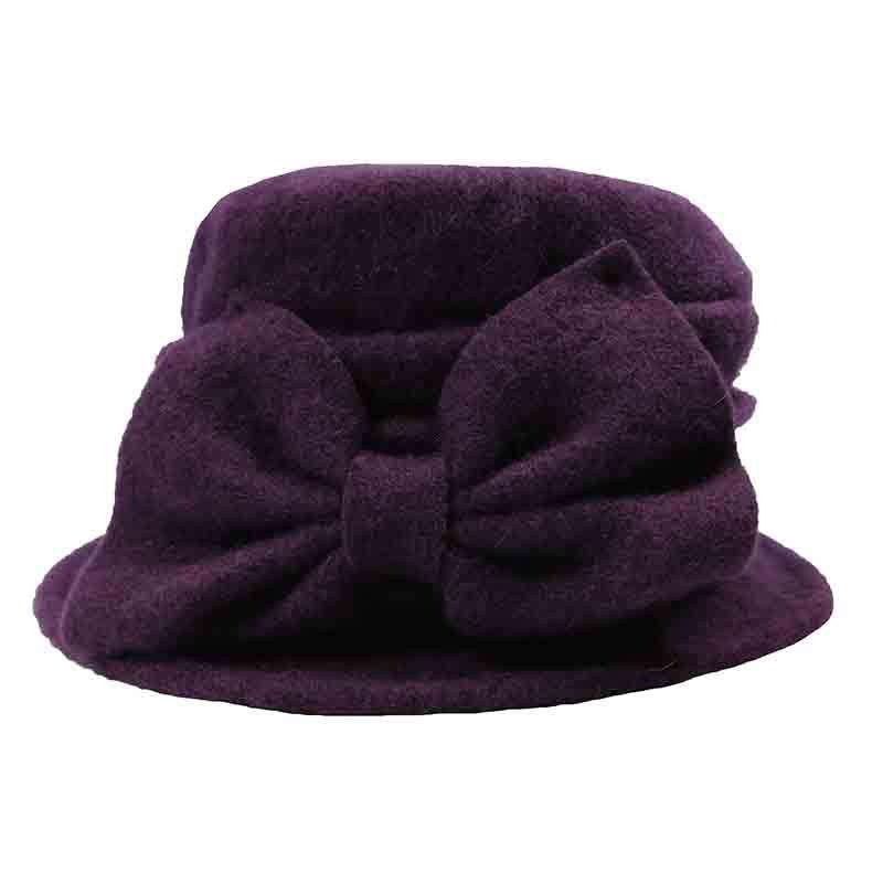 Boiled Wool Pleated Beanie with Bow by JSA for Women Eggplant
