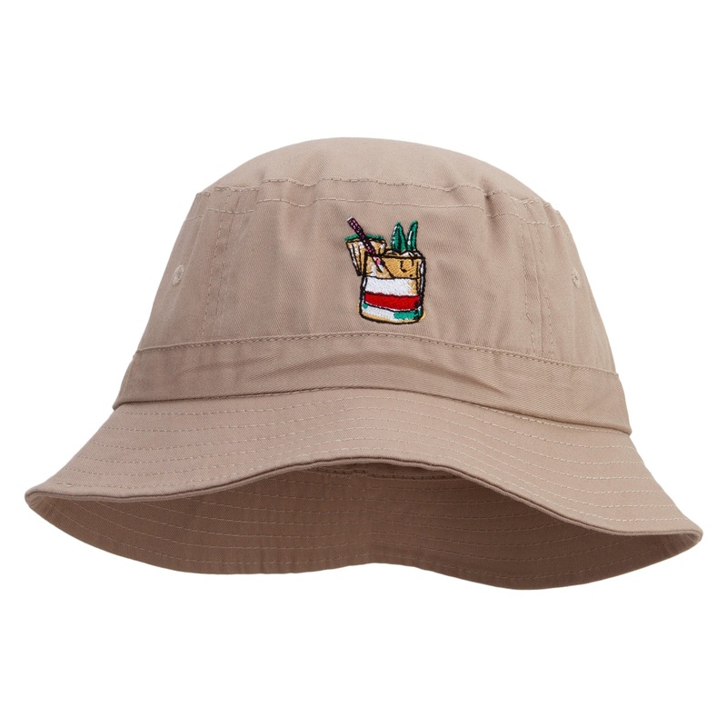 Hand Drawn Cocktail Embroidered Pigment Dyed Bucket Hat Khaki One Size