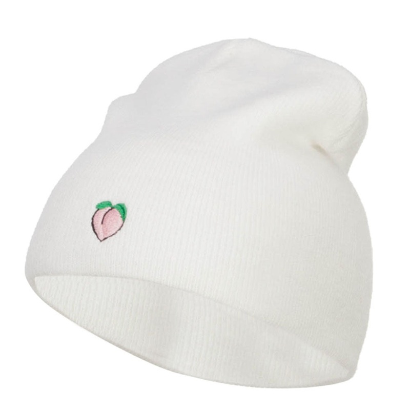 Mini Peach Embroidered Short Beanie White One Size