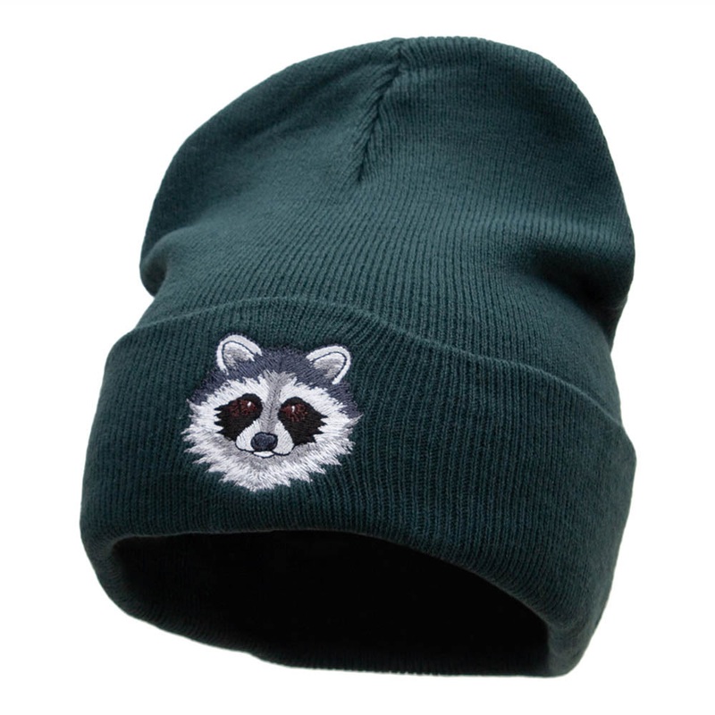 Racoon Face Embroidered 12 Inch Long Knitted Beanie Dk Green One Size