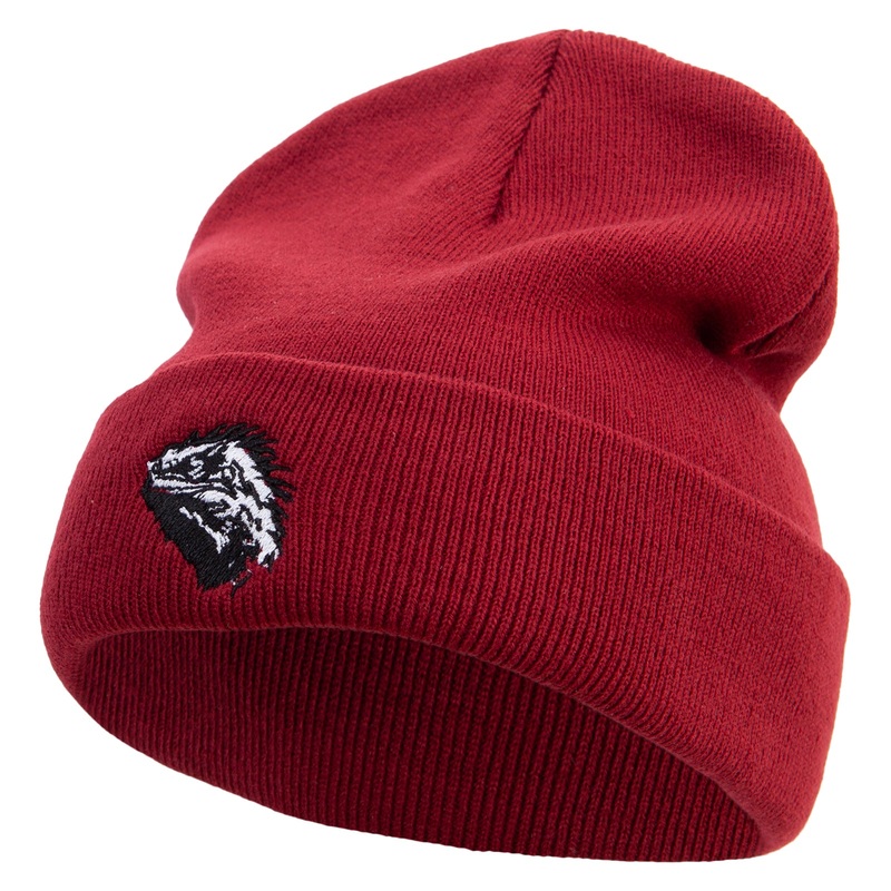 Beared Dragon Embroidered 12 Inch Long Knitted Beanie Maroon One Size