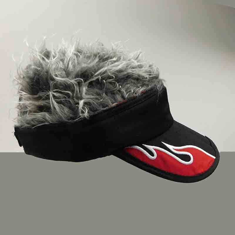 Flair Hair Foldable Sun Visor Cap with Removable Spiked Hair – Flame Design Red