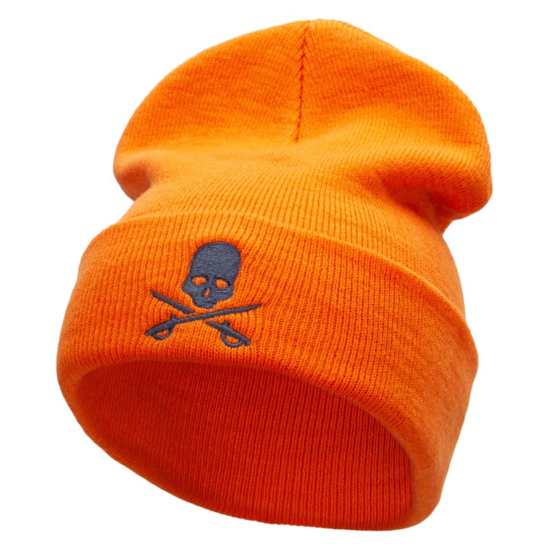 Skull And Sword Embroidered 12 Inch Long Knitted Beanie Orange One Size