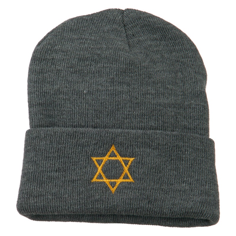 Star of David Embroidered Long Beanie Grey One Size