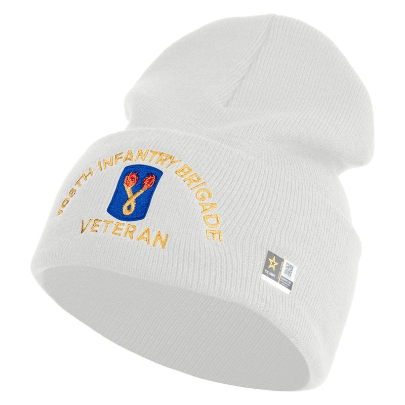 U.S. Army 196th Infantry Brigade Logo Embroidered 12 Inch Solid Knit Cuff Long Beanie Made in USA White One Size