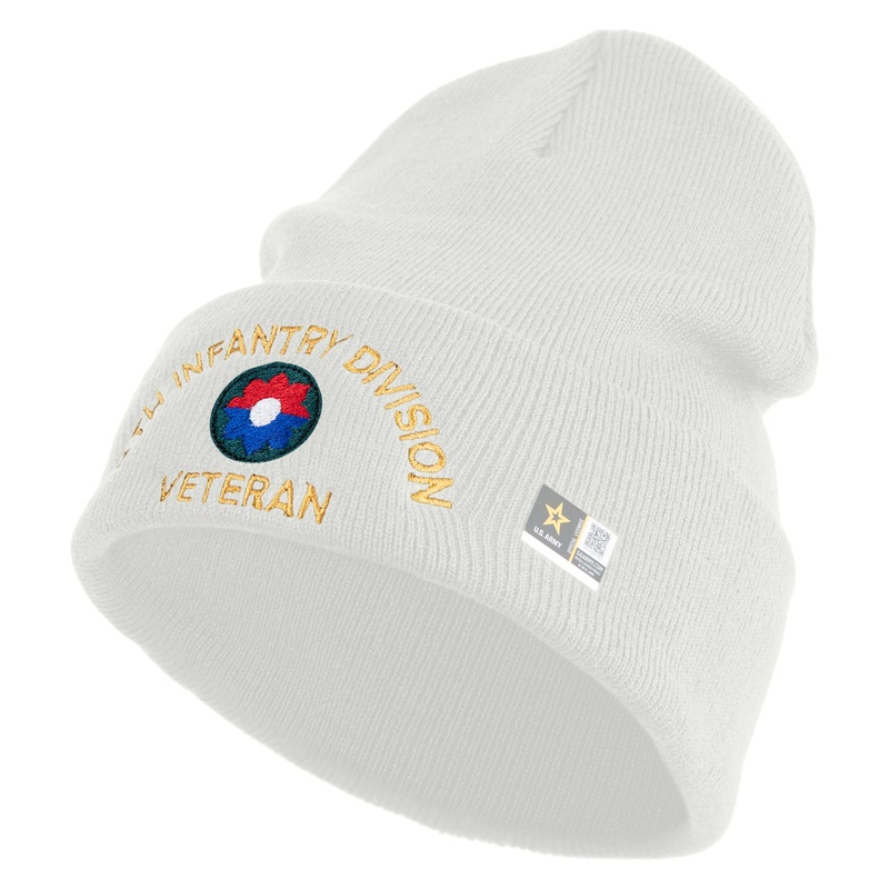 U.S. Army 9th Infantry Division Logo Embroidered 12 Inch Solid Knit Cuff Long Beanie Made in USA White One Size
