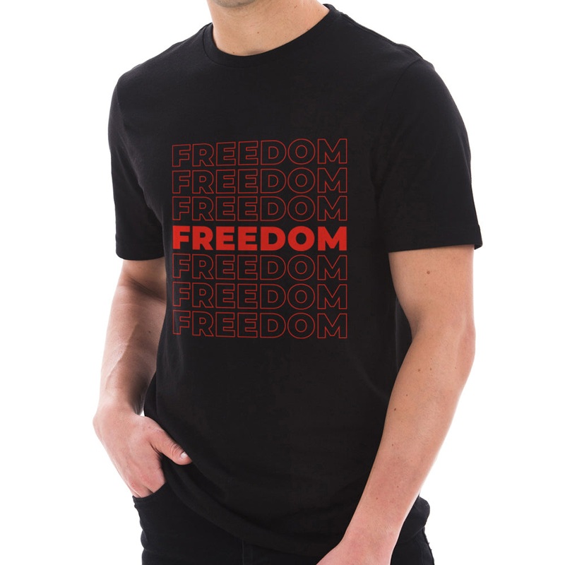 Freedom Repeated Phrase Cotton Short Sleeve Graphic Shirt Black XS