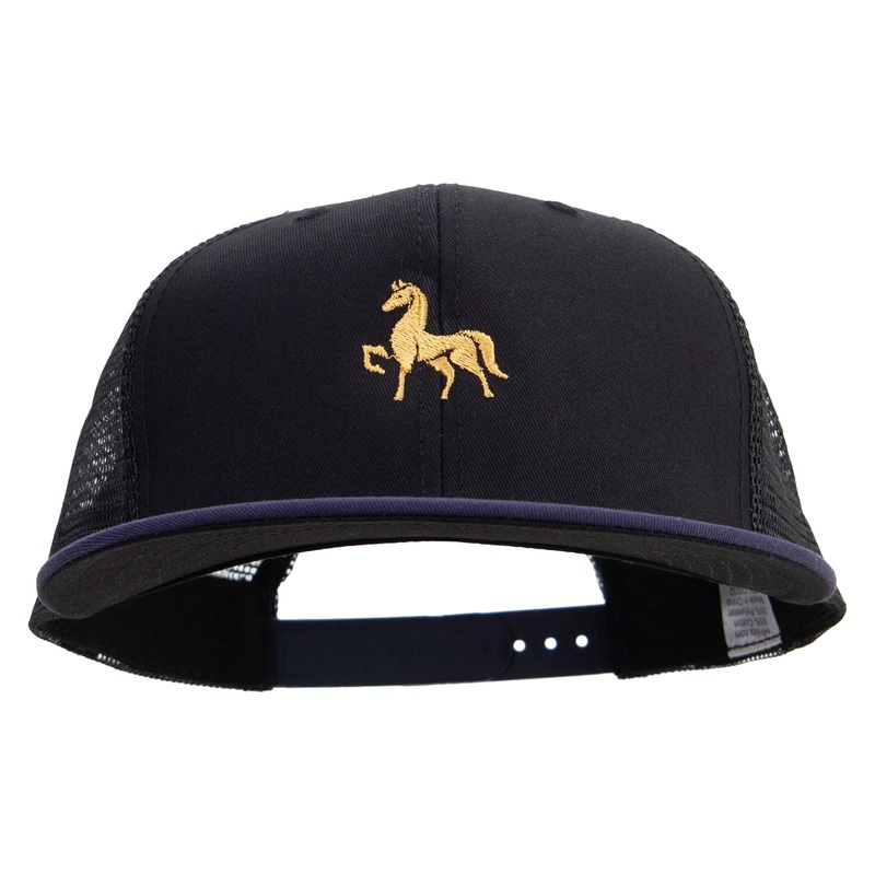 Golden Horse Logo Embroidered Big Size Premium Flat Bill Trucker Cap Navy Black XL-3XL