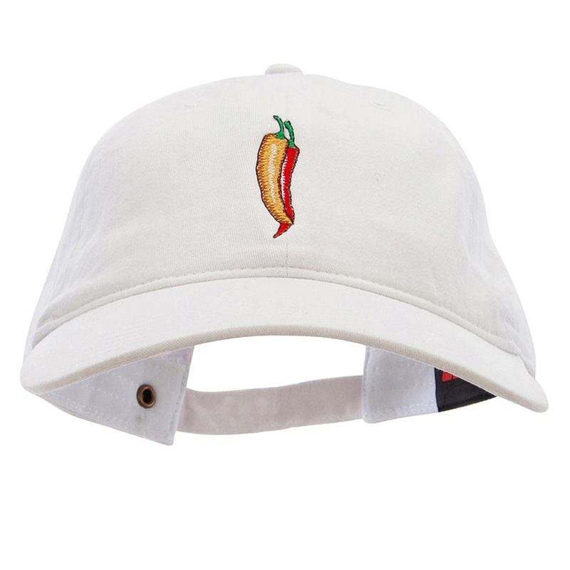 Red Orange Pepper Embroidered Washed Solid Pigment Dyed Cotton Twill Brass Buckle Cap White One Size