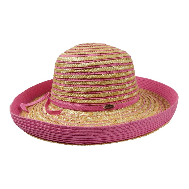 Striped Straw Kettle Brim Hat Pink