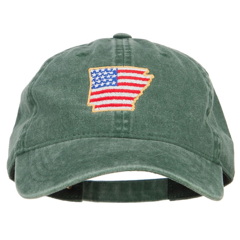 USA Flag Arkansas Map Embroidered Washed Buckle Cap Dk Green One Size