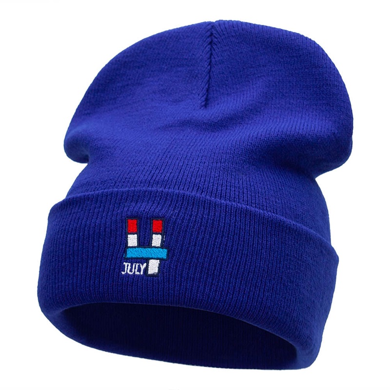 Big 4 of July Embroidered 12 Inch Long Knitted Beanie Royal One Size
