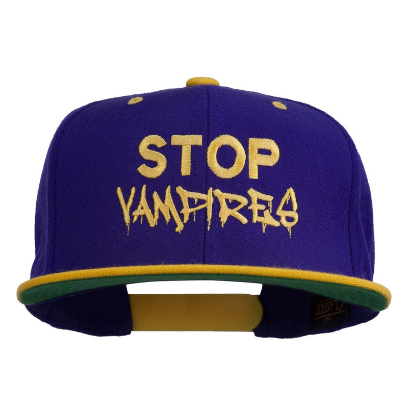 Halloween Stop Vampires Embroidered Snapback Cap Purple Gold One Size