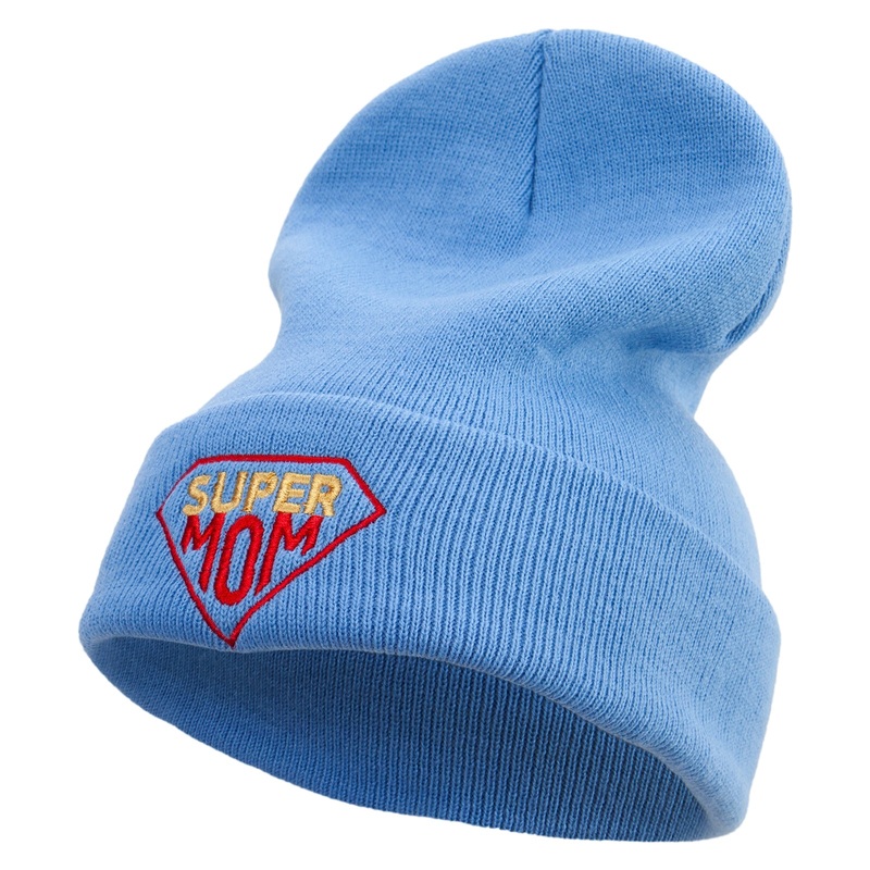 Super Mother With Diamond Embroidered 12 Inch Long Knitted Beanie Sky Blue One Size