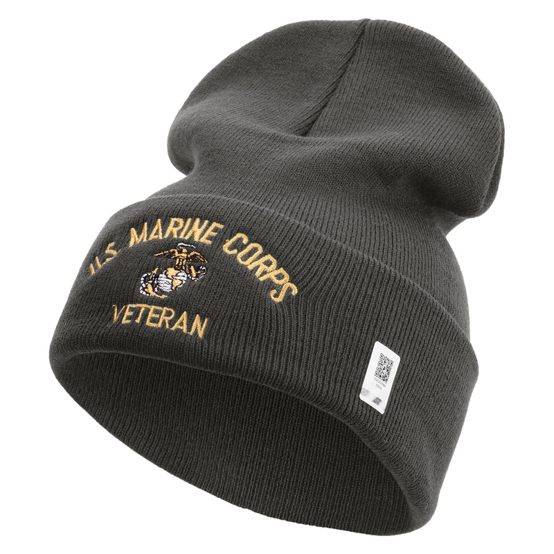 US Marine Corps Veteran Logo Embroidered 12 Inch Solid Knit Cuff Long Beanie Made in USA Charcoal One Size
