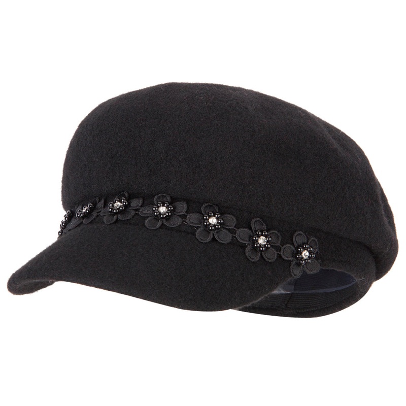 Women’s Flower Band Accented Wool Felt Newsboy Cap Burgundy One Size