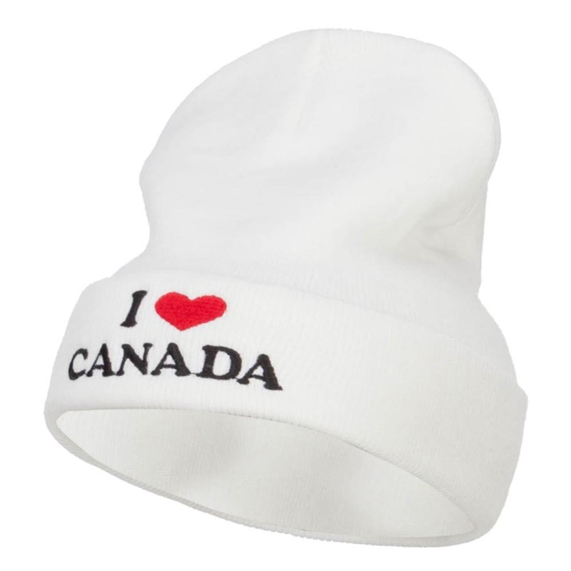 I Love Canada Embroidered Long Beanie White One Size