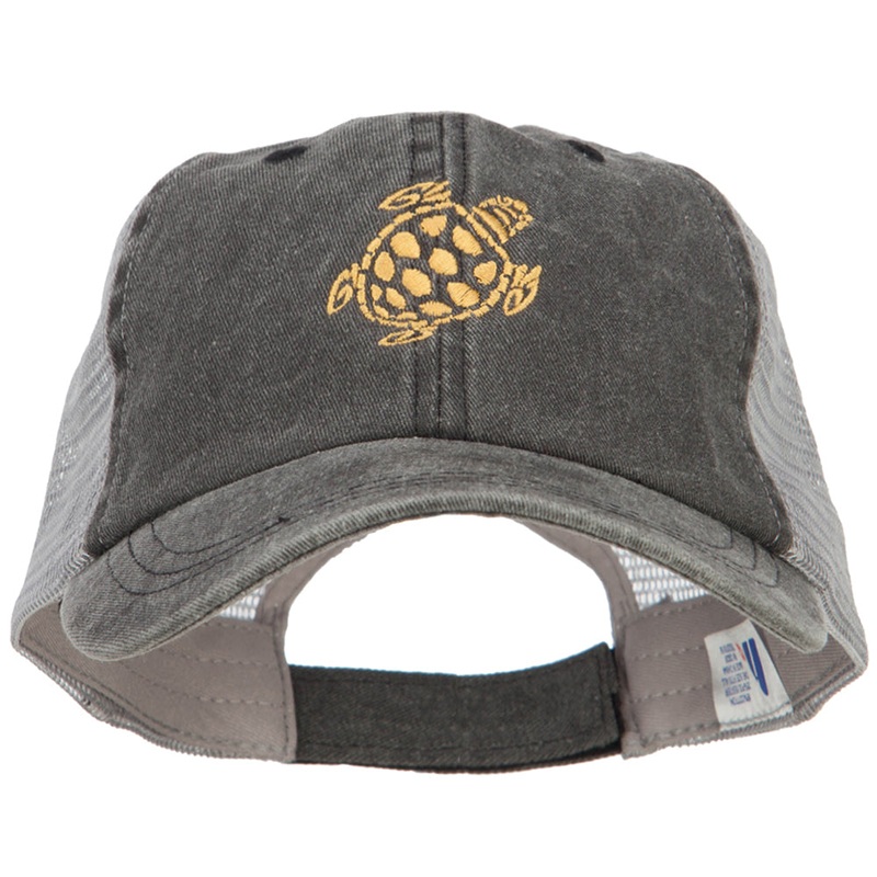 Turtle Shape Embroidered Washed Trucker Cap Black Grey One Size