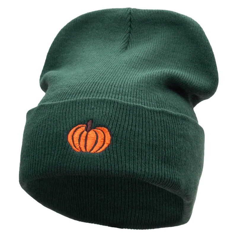 Autumn Pumpkin Embroidered 12 Inch Long Knitted Beanie Dk Green One Size
