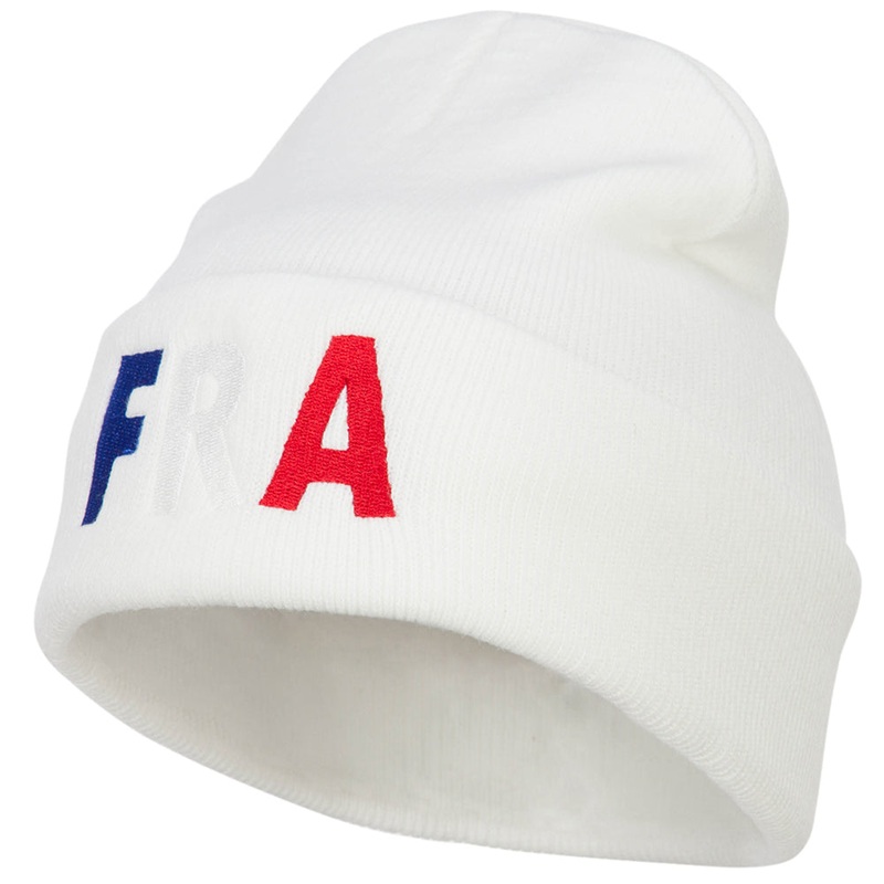 France FRA Flag Embroidered Long Beanie White One Size