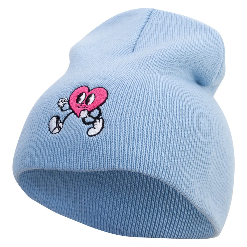Happy Heart Character Embroidered 8 inch Acrylic Short Beanie Lt Blue One Size