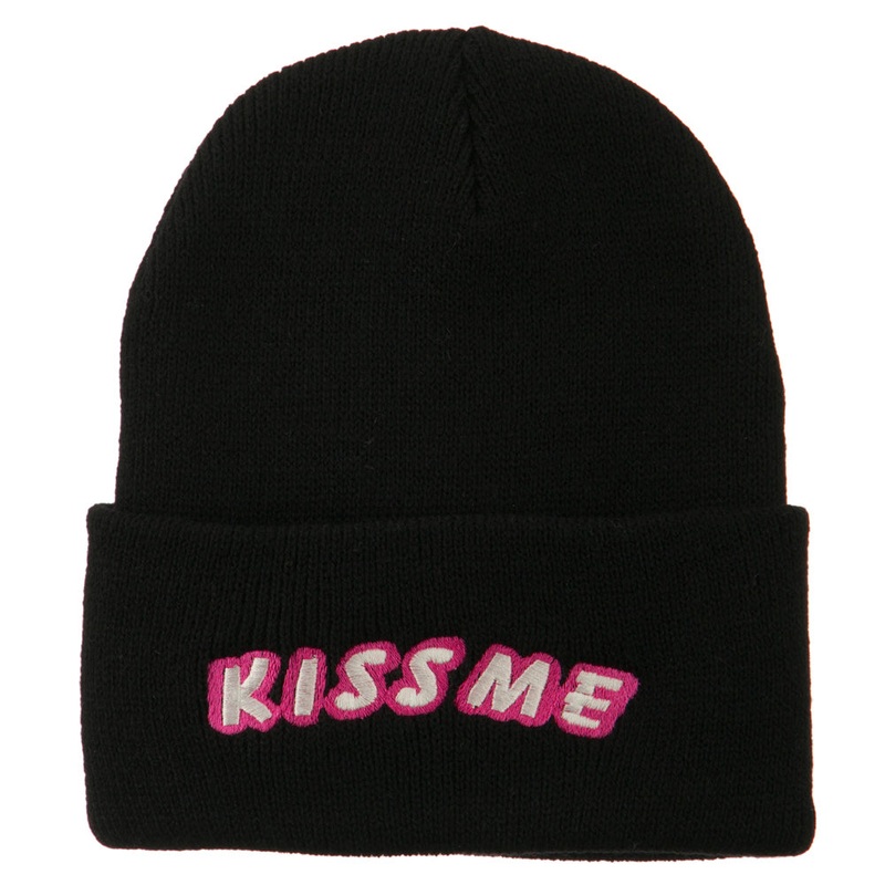 Kiss Me Embroidered Long Knit Beanie Black One Size