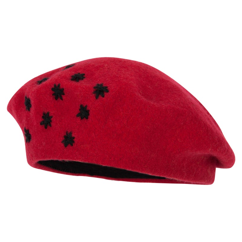 Ladies Stars Designed Wool Beret Hat Red One Size